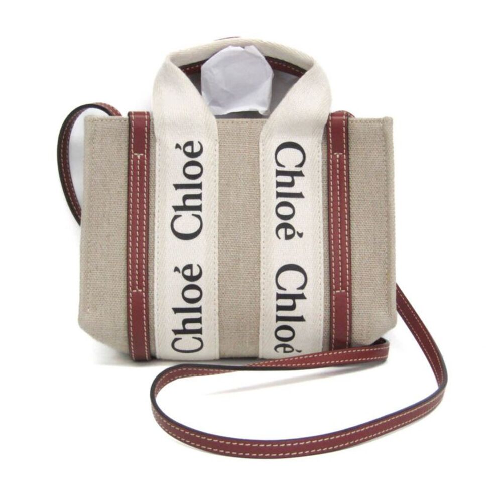 Chloe Woody Convertible Canvas With Leather Beige Canvas Tote Bag Bag